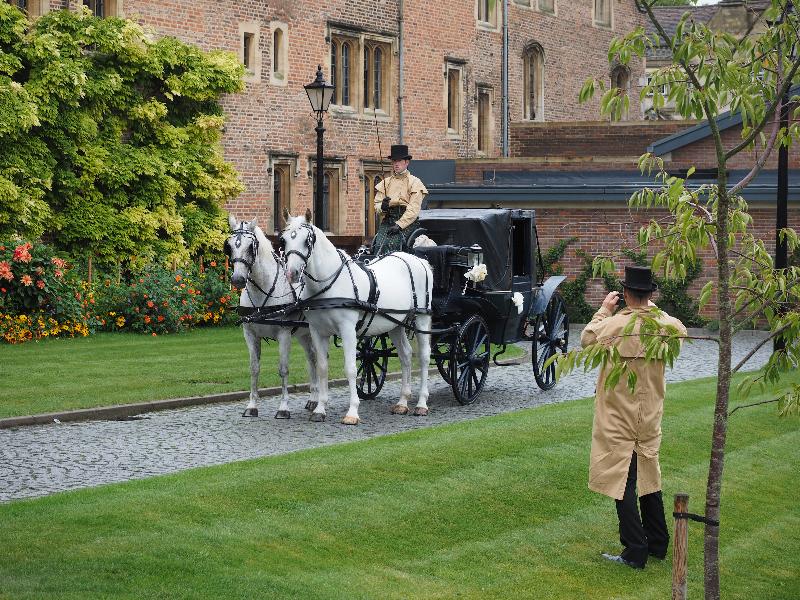 Cambridge, England: Magdalene College: horse and carriage for wedding