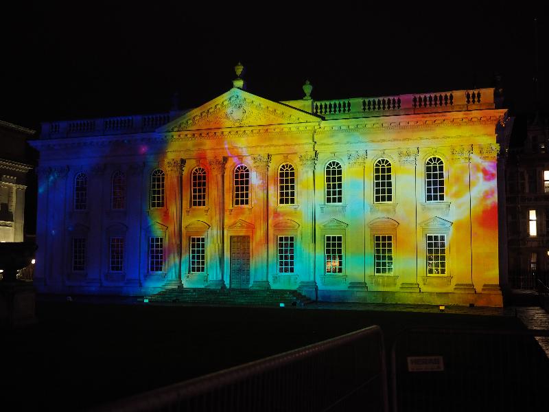 Cambridge, England: Senate House: blue/red/yellow light (eLuminate Cambridge Festival, SPIRITUS - Light and Darkness, by Ross Ashton and Karen Monid)