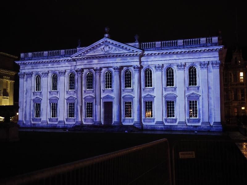 Cambridge, England: Senate House: purple light (eLuminate Cambridge Festival, SPIRITUS - Light and Darkness, by Ross Ashton and Karen Monid)