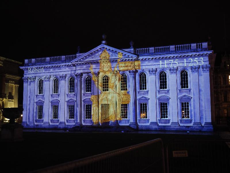 Cambridge, England: Senate House: Robert Grosseteste (eLuminate Cambridge Festival, SPIRITUS - Light and Darkness, by Ross Ashton and Karen Monid)