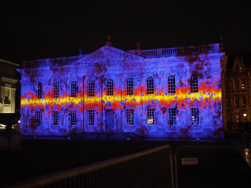 Cambridge, England: Senate House: purple/red/yellow fire (eLuminate Cambridge Festival, SPIRITUS - Light and Darkness, by Ross Ashton and Karen Monid)