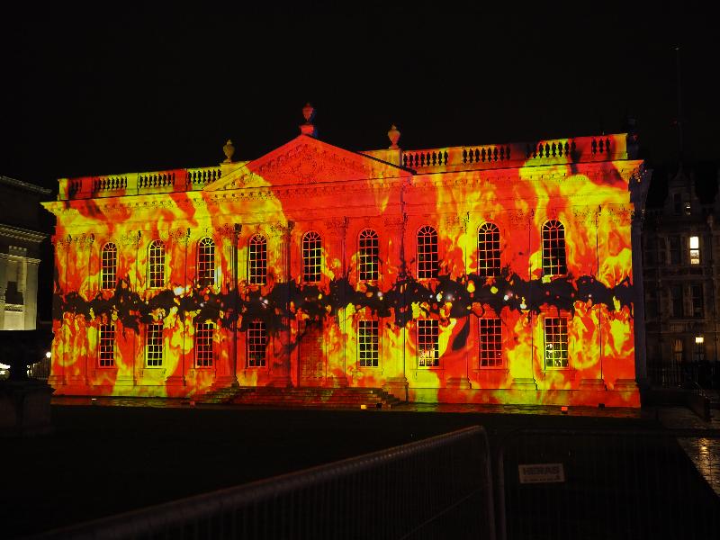 Cambridge, England: Senate House: red/yellow fire (eLuminate Cambridge Festival, SPIRITUS - Light and Darkness, by Ross Ashton and Karen Monid)