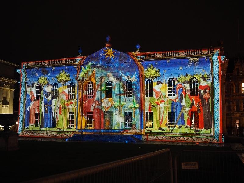 Cambridge, England: Senate House: medieval scene (eLuminate Cambridge Festival, SPIRITUS - Light and Darkness, by Ross Ashton and Karen Monid)