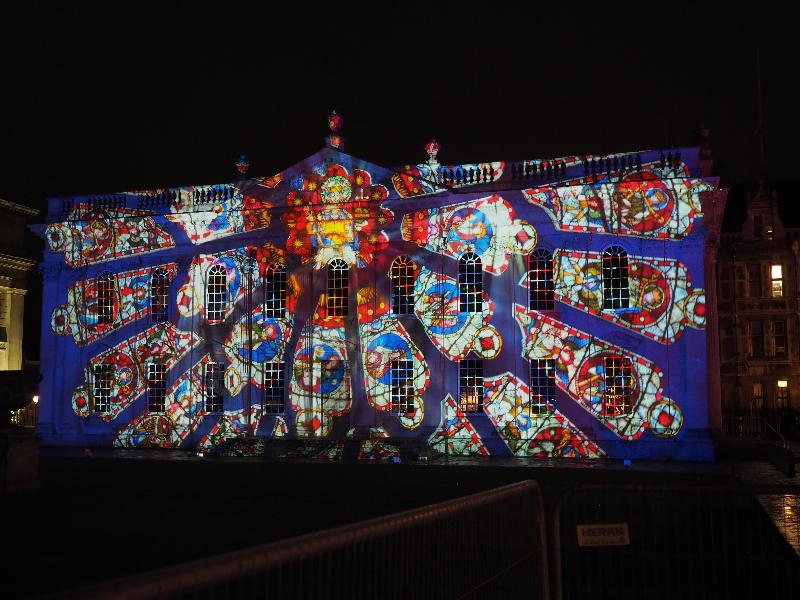 Cambridge, England: Senate House: stained glass (eLuminate Cambridge Festival, SPIRITUS - Light and Darkness, by Ross Ashton and Karen Monid)