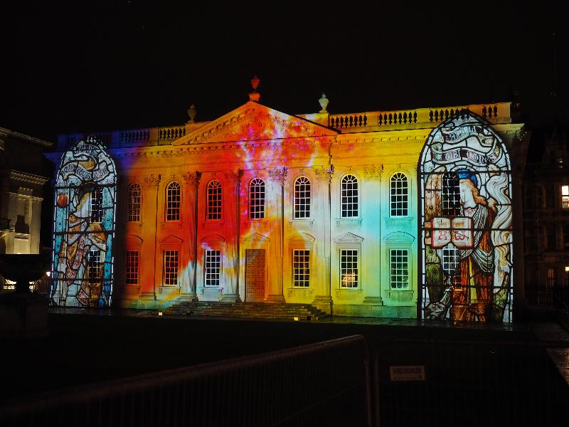 Cambridge, England: Senate House: stained glass (eLuminate Cambridge Festival, SPIRITUS - Light and Darkness, by Ross Ashton and Karen Monid)