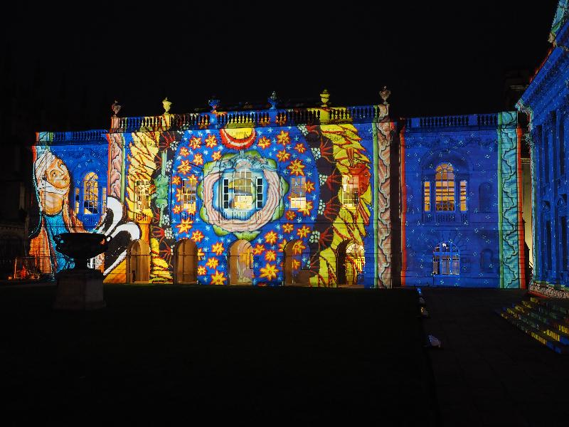 Cambridge, England: Old Schools: medieval scene (eLuminate Cambridge Festival, SPIRITUS - Light and Darkness, by Ross Ashton and Karen Monid)