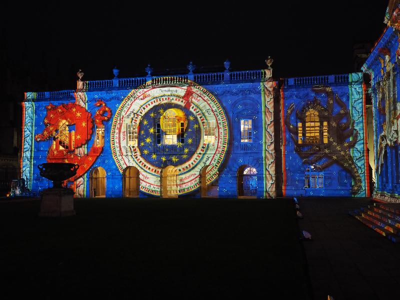 Cambridge, England: Old Schools: medieval scene (eLuminate Cambridge Festival, SPIRITUS - Light and Darkness, by Ross Ashton and Karen Monid)