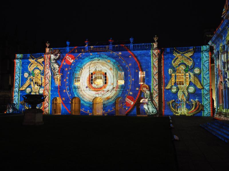 Cambridge, England: Old Schools: medieval scene (eLuminate Cambridge Festival, SPIRITUS - Light and Darkness, by Ross Ashton and Karen Monid)