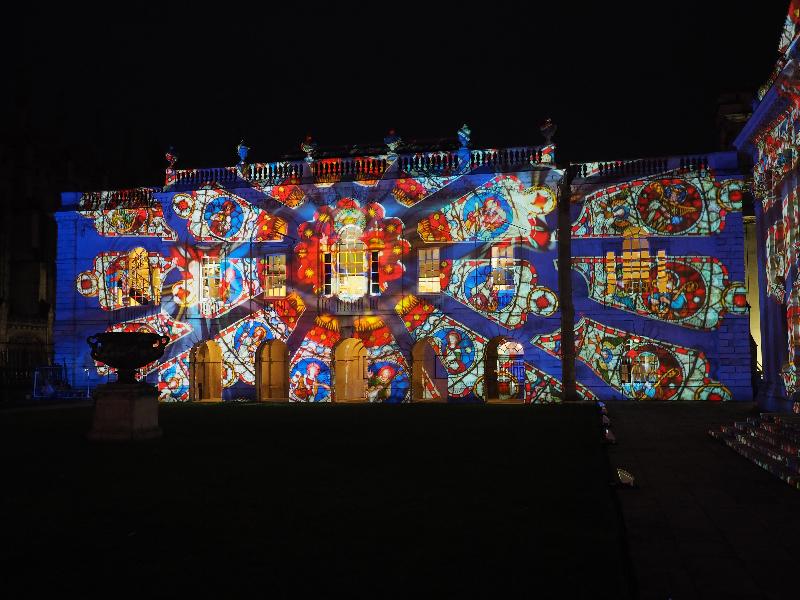 Cambridge, England: Old Schools: stained glass (eLuminate Cambridge Festival, SPIRITUS - Light and Darkness, by Ross Ashton and Karen Monid)
