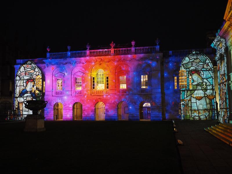 Cambridge, England: Old Schools: stained glass and cosmos (eLuminate Cambridge Festival, SPIRITUS - Light and Darkness, by Ross Ashton and Karen Monid)