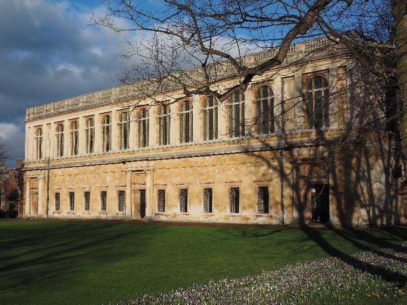 Cambridge, England: Trinity College: Wren Library with crocuses