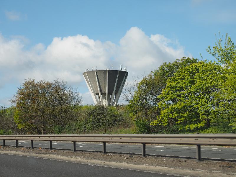 Harlow, England: M11 (2.5 km north of J7): Church Langley Water Tower (1993-4, structural design Pearson Ellis Partnership)