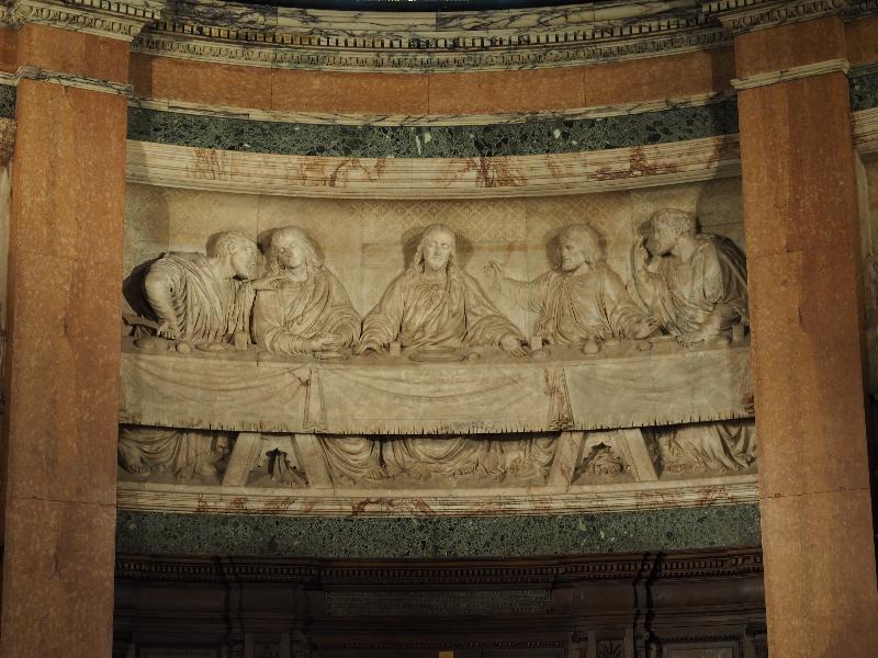 Edinburgh, Scotland: St Cuthbert's Church: central part of Last Supper, alabaster frieze (1906-1908, made by Bridgeman of Lichfield)