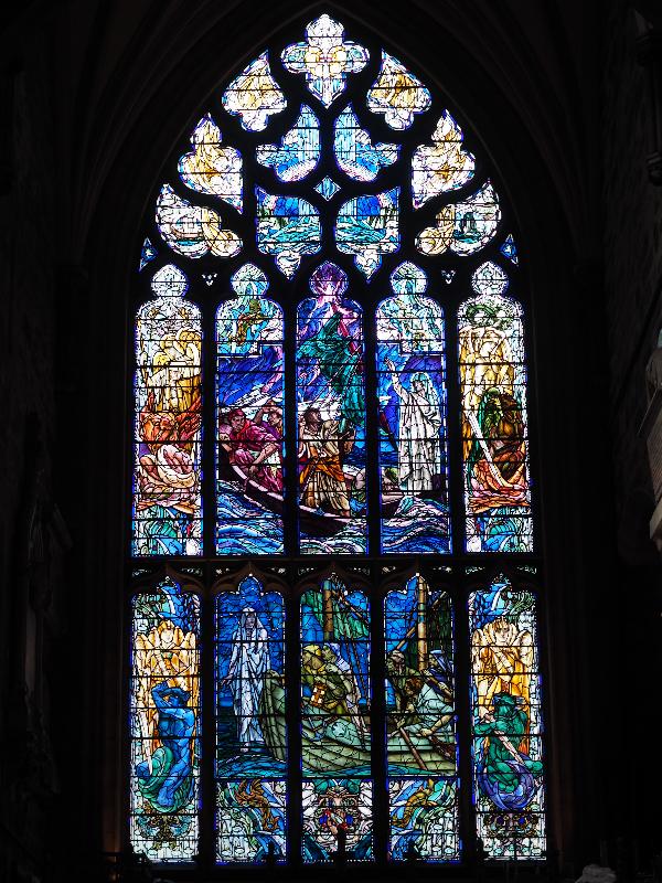 Edinburgh, Scotland: St Giles' Cathedral: Christ walking on the water; Christ stilling the tempest (1922, Douglas Strachan)