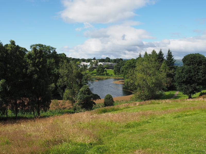 Stirling, Scotland: University of Stirling: view over lake towards Cottrell Building