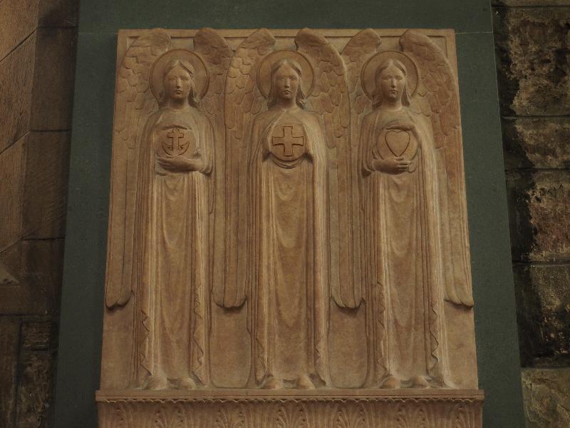 Edinburgh, Scotland: St Giles' Cathedral: Elsie Maude Inglis memorial, Faith, Hope and Charity (1921, designed by Frank Mears, carved by Charles d'Orville Pilkington Jackson)