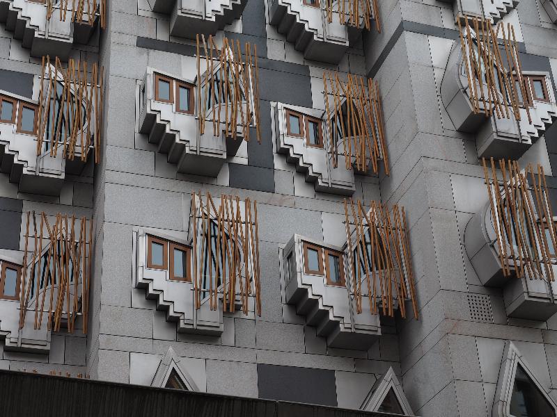 Edinburgh, Scotland: Scottish Parliament Building: windows (1999-2004, Enric Miralles and EMBT/RMJM)