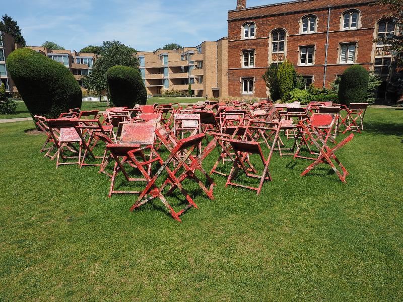 Cambridge, England: Jesus College: Untitled: stacked chairs (Phyllida Barlow, Sculpture in the Close 2017)