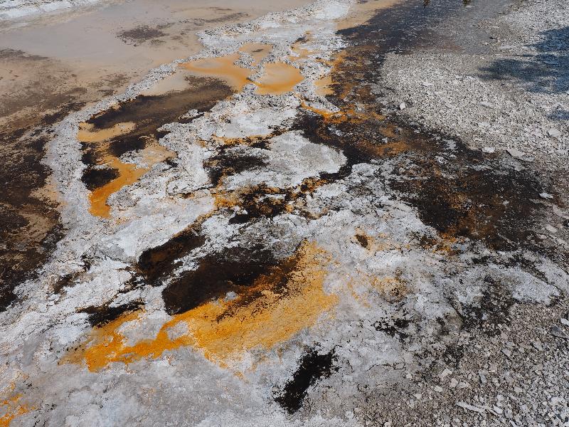 Yellowstone National Park, Wyoming (WY): Firehole Lake Drive: orange / brown / white ground near Great Fountain Geyser