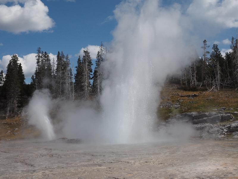 Yellowstone National Park, Wyoming (WY): Upper Geyser Basin: Vent Geyser and Grand Geyser spouting