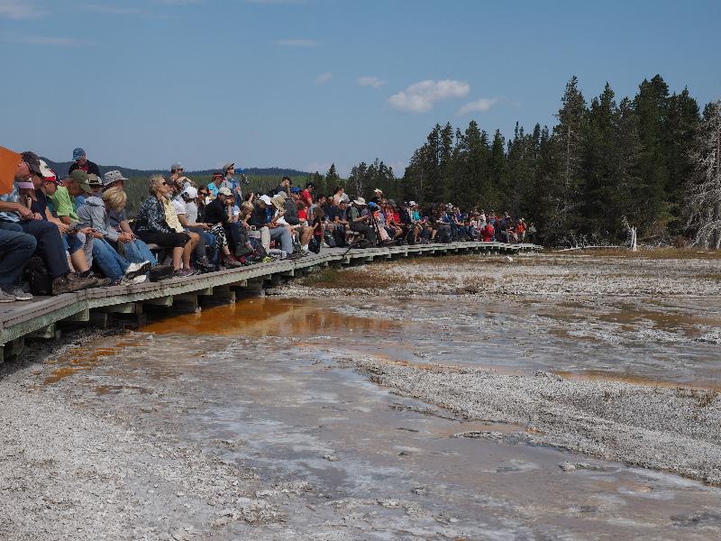Yellowstone National Park, Wyoming (WY): Upper Geyser Basin: crowd waiting for Grand Geyser to spout