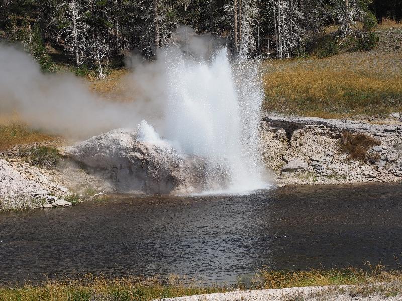 Yellowstone National Park, Wyoming (WY): Upper Geyser Basin: Riverside Geyser, start of spouting
