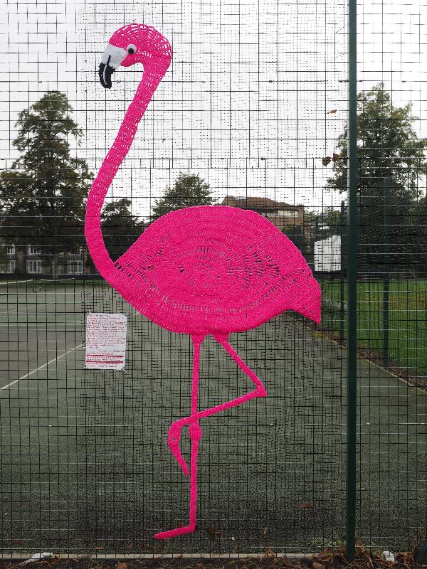 Cambridge, England: Jesus Green: Fandango the Flamingo (2017, artist Tigerchilli)