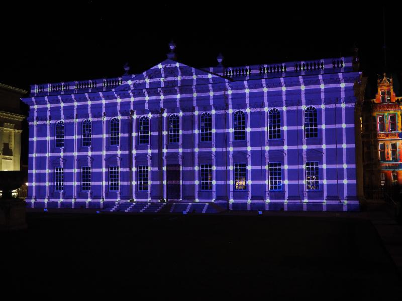 Cambridge, England: Senate House: purple-blue light (e-Luminate 2018, I see, artist Ross Ashton)