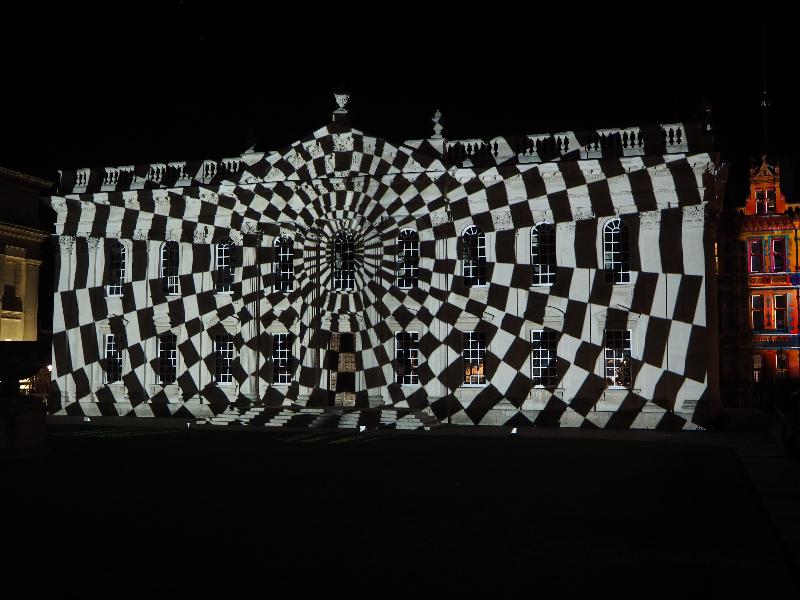 Cambridge, England: Senate House: black and white light (e-Luminate 2018, I see, artist Ross Ashton)