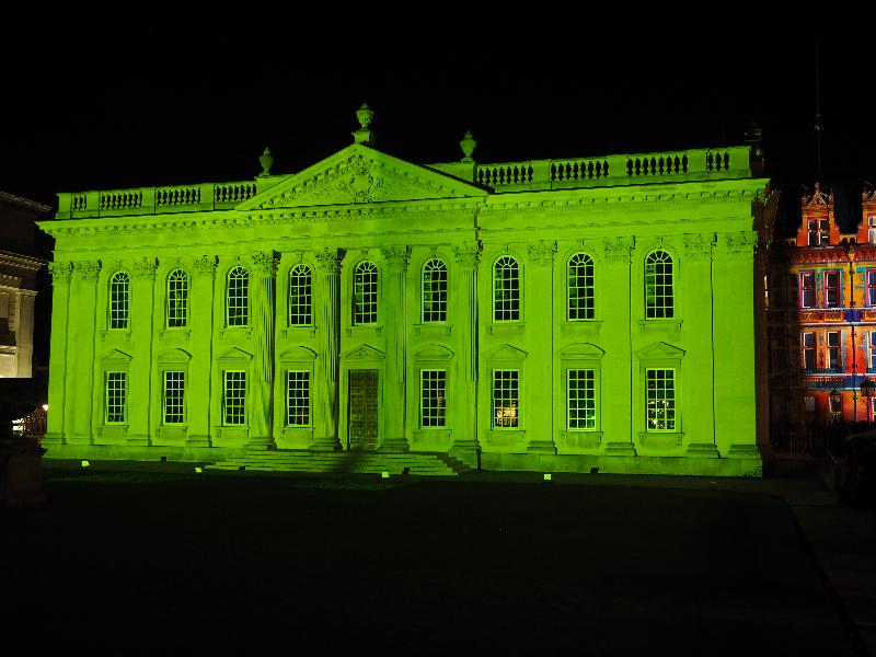 Cambridge, England: Senate House: green light (e-Luminate 2018, I see, artist Ross Ashton)