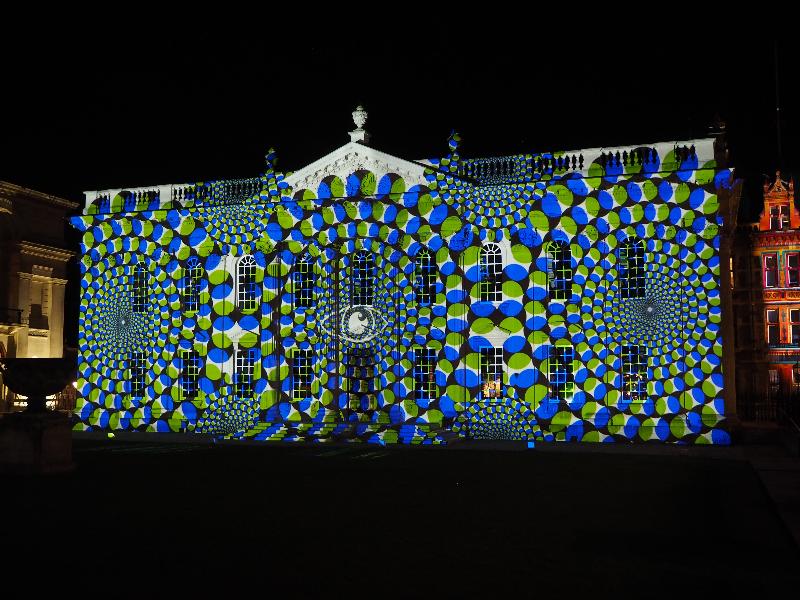 Cambridge, England: Senate House: green and blue dots (e-Luminate 2018, I see, artist Ross Ashton)