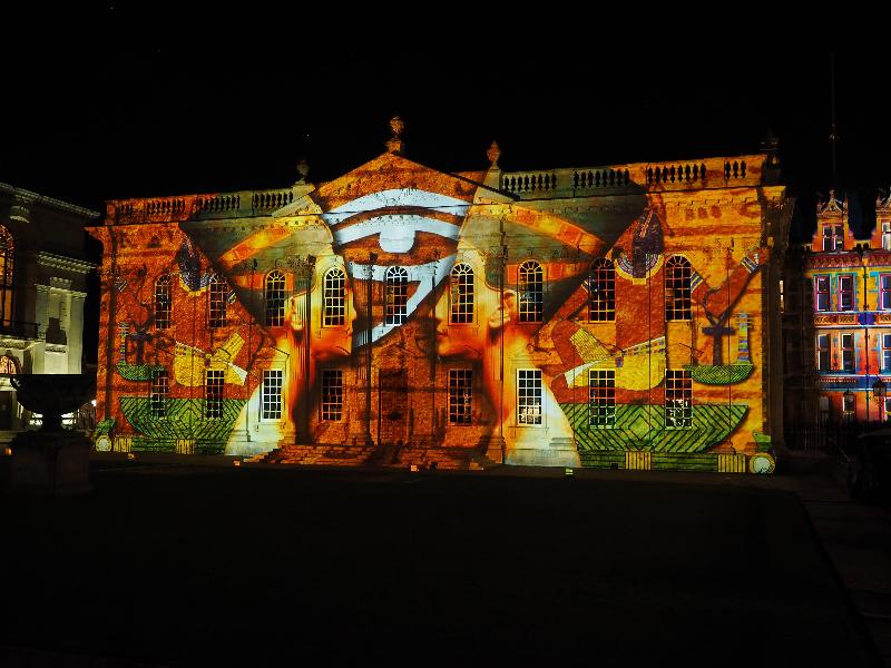 Cambridge, England: Senate House: Nefertiti (e-Luminate 2018, I see, artist Ross Ashton)