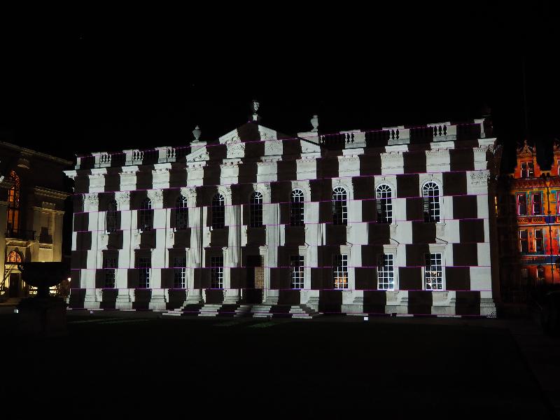 Cambridge, England: Senate House: black and white stripes (e-Luminate 2018, I see, artist Ross Ashton)