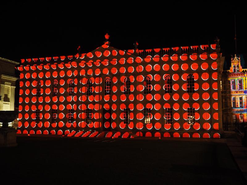 Cambridge, England: Senate House: red dots (e-Luminate 2018, I see, artist Ross Ashton)