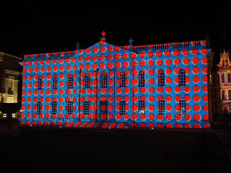 Cambridge, England: Senate House: red dots on blue background (e-Luminate 2018, I see, artist Ross Ashton)