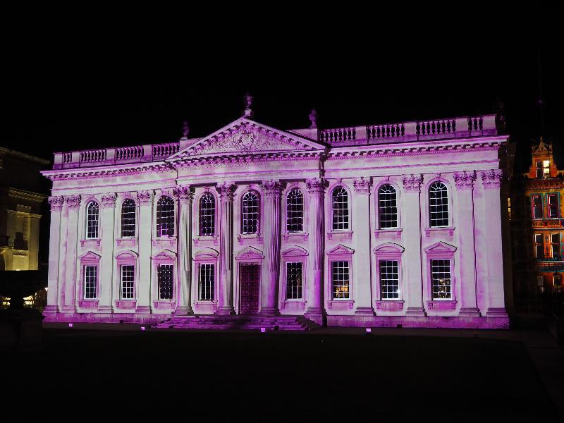 Cambridge, England: Senate House: purple-pink light (e-Luminate 2018, I see, artist Ross Ashton)