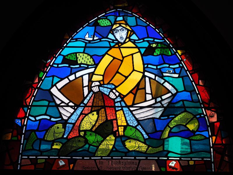 Bar Harbor, Maine (ME): St Saviour's Episcopal Church: Fisherman (Russell Memorial Window, 1966, Susan Dunlap)