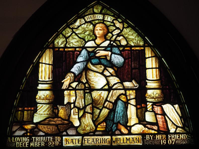Bar Harbor, Maine (ME): St Saviour's Episcopal Church: Generosity (Wellman Memorial Window, 1908, Heaton, Butler and Bayne)