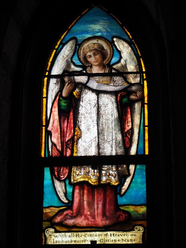 Bretton Woods, New Hampshire (NH): Church of the Transfiguration: left chancel angel (Duncan Memorial Window, Maitland Armstrong)