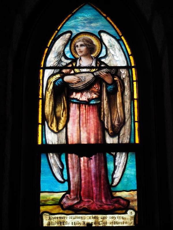 Bretton Woods, New Hampshire (NH): Church of the Transfiguration: right chancel angel (Duncan Memorial Window, Maitland Armstrong)