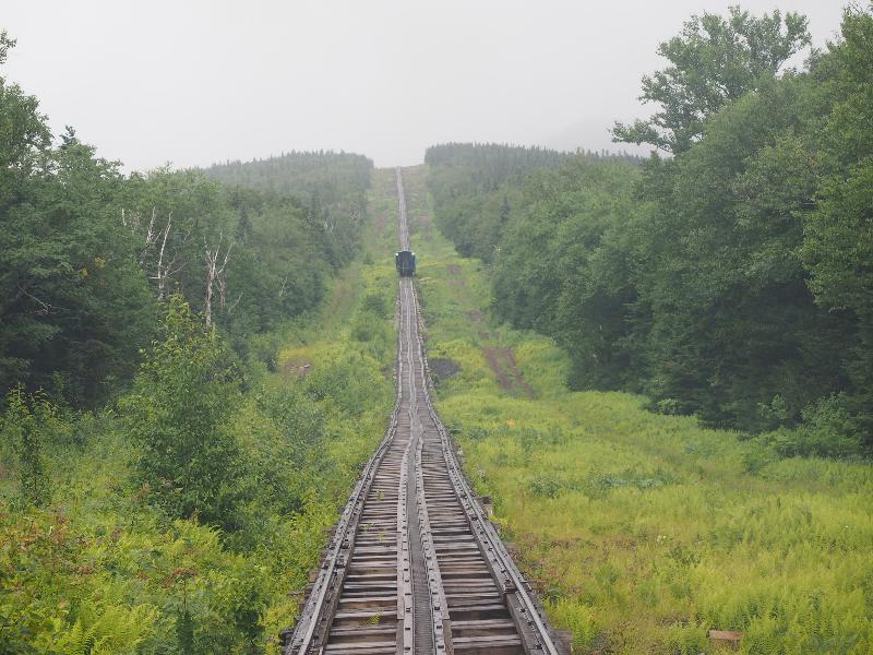 Mount Washington, New Hampshire (NH): Mount Washington Cog Railway: view heading up mountain (in light rain)