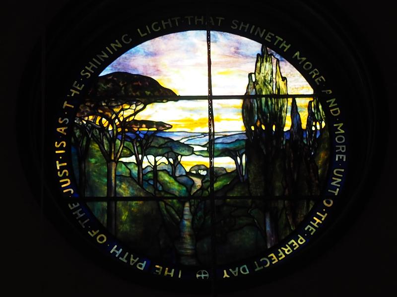 Hanover, New Hampshire (NH): Dartmouth College, Rollins Chapel: landscape (Bartlett Memorial Window, 1905, Tiffany Studios)