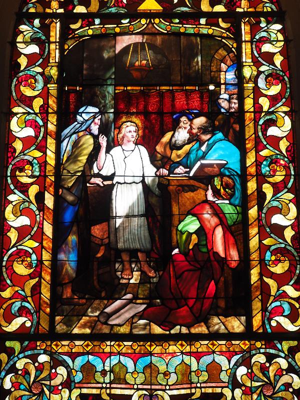 Brattleboro, Vermont (VT): First Baptist Church: Christ in the Temple (Estey Memorial Window, 1892, made by William Reith)