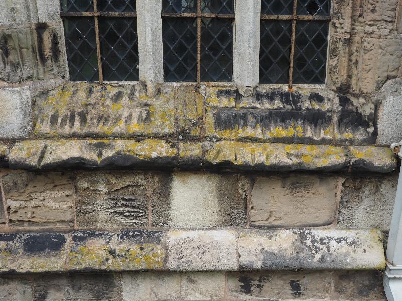 Stoke Golding, England: St Margaret of Antioch: sword sharpening marks in window sill (Battle of Bosworth Field)