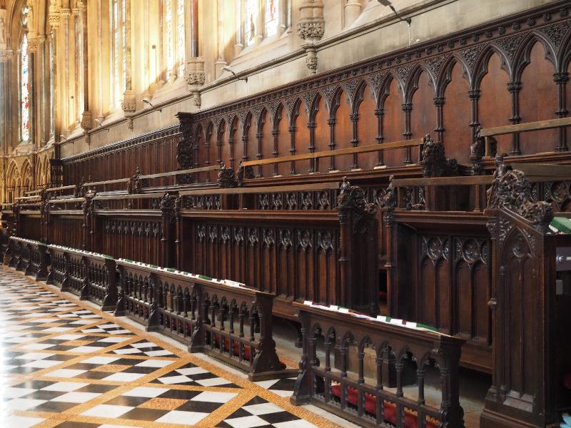 Cambridge, England: St John's College: chapel stalls