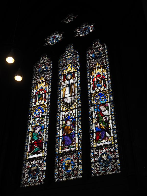 Cambridge, England: St John's College: chapel window (Scenes from Book of Revelation, Hardman and Co.)