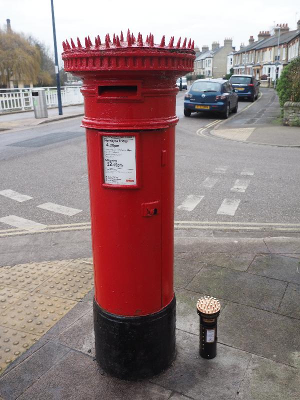 Cambridge, England: Riverside: miniature postal box (2019, Dinky Doors) next to postal box