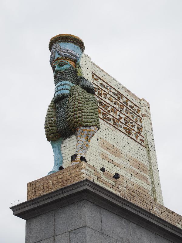 London, England: Trafalgar Square: The Invisible Enemy Should Not Exist (2018, Michael Rakowitz) (fourth plinth, recreation of Lamassu, winged deity which guarded Nergal Gate, Nineveh, Assyria, original destroyed 2015)
