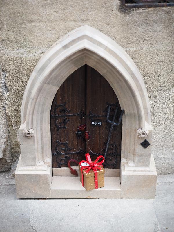 Cambridge, England: All Saints Passage: miniature door (copy of Whewell's Court entrance) (2019, Dinky Doors)