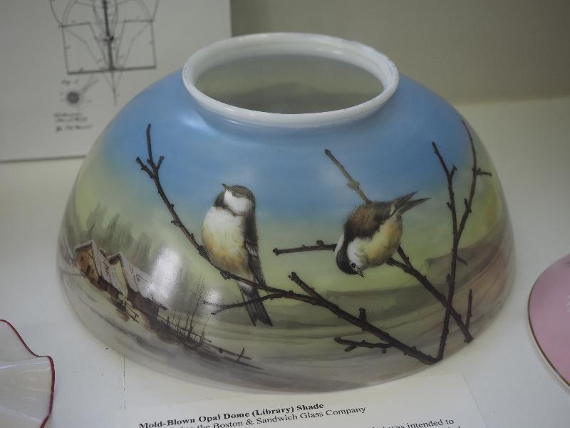 Sandwich, Massachusetts (MA): Sandwich Glass Museum: bird design, mold-blow opal dome library shade (1875-1887, attributed to Boston & Sandwich Glass Company)